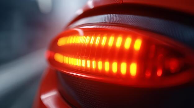 Close-up of a sleek red car's rear light showcasing advanced LED technology with vibrant illumination. photo