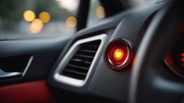 Close-up of a car ignition button with a glowing red light, showcasing modern automotive design and technology. photo