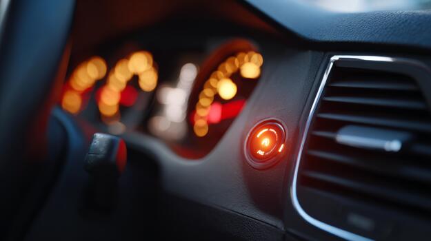 de cerca de un coche tablero con iluminado advertencia luces y instrumento panel, transporte un moderno automotor diseño. foto
