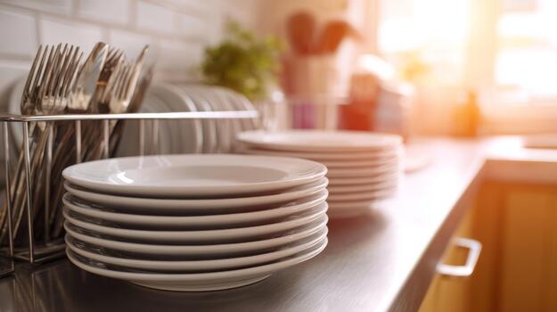 A serene kitchen scene showcasing a stack of clean white plates beside a drying rack, illuminated by warm morning light. photo