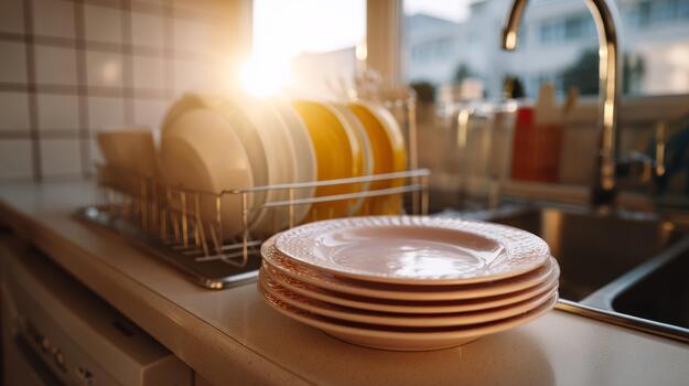 A clean stack of white plates beside a drying rack filled with colorful dishes, illuminated by warm afternoon sunlight. photo