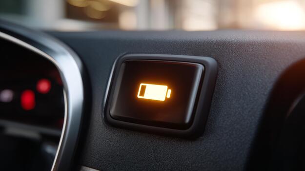 Close-up of a car dashboard battery warning light signaling a low battery state. photo