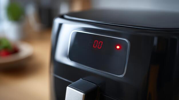 Close-up of a modern black air fryer displaying digital timer and power indicator. photo