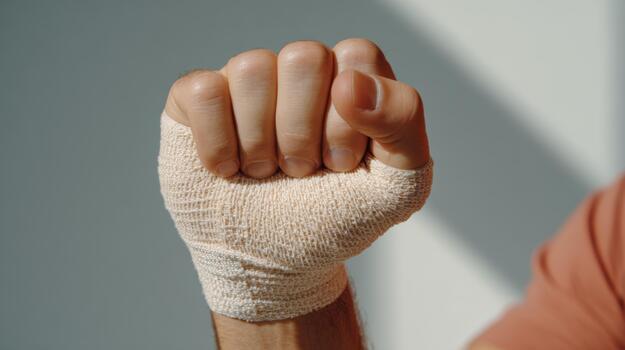 A close-up of a male hand with a bandaged fist, symbolizing resilience and strength in recovery. photo