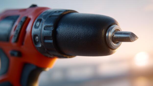 Close-up of a cordless drill, showcasing the drill bit and textured handle against a soft-focused background. photo