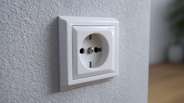 A close-up of a modern white electrical outlet on a textured wall, emphasizing clean lines and contemporary design. photo