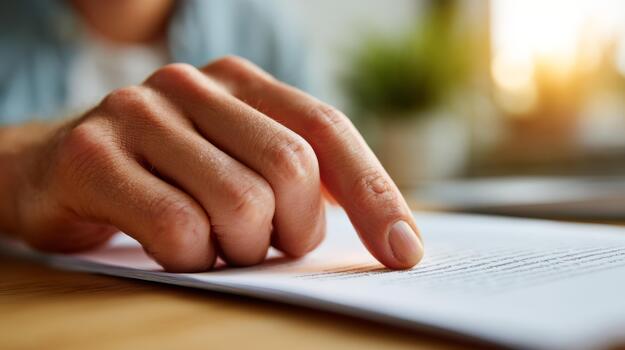 A close-up of a man's hand pointing at text on a document, with soft sunlight illuminating the scene, creating a warm atmosphere. photo