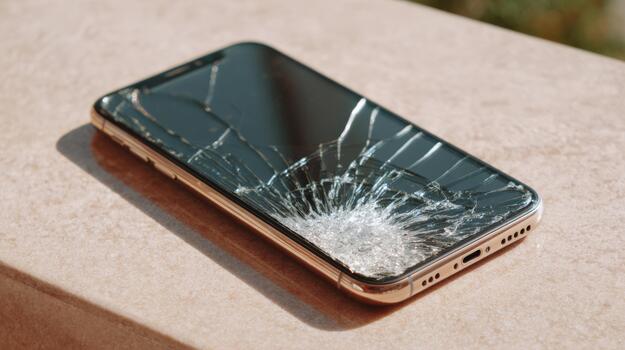 un de cerca de un teléfono inteligente con un agrietado pantalla, mostrando destrozado vaso y un reflexivo superficie. foto