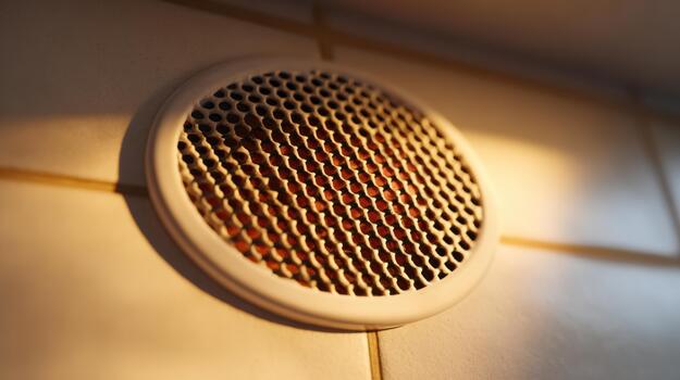 Close-up of a circular air vent with a honeycomb design, casting warm light in a modern interior setting. photo