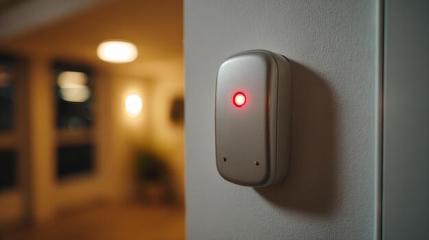 A sleek, modern doorbell with a glowing red indicator light, creating a calm ambiance in a contemporary hallway. photo