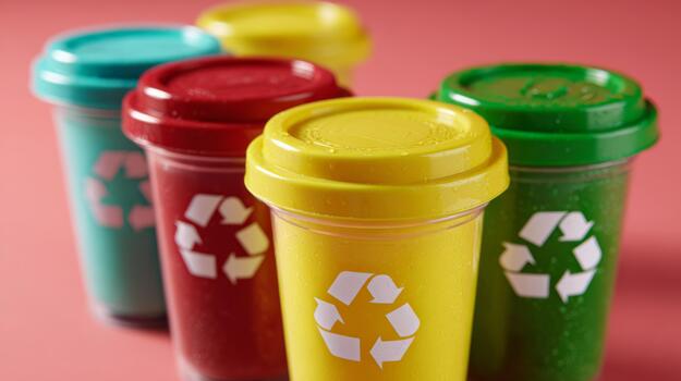 Colorful reusable cups with recycle symbols, promoting eco-friendly practices and sustainability. photo