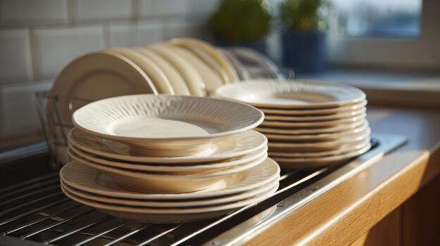A stack of clean, elegant white plates drying on a wooden kitchen counter near a sunny window. photo