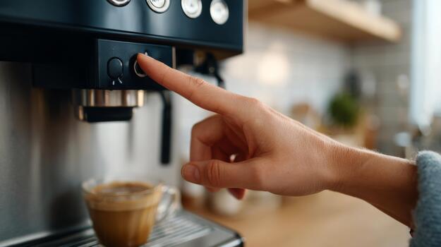 A close-up of a hand pressing the coffee machine button, preparing a fresh cup of espresso in a cozy kitchen setting. photo