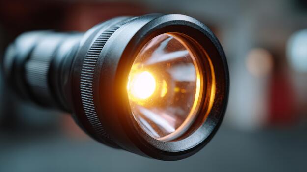 Close-up of a black flashlight emitting a bright orange beam, creating a warm ambiance in a dimly lit environment. photo
