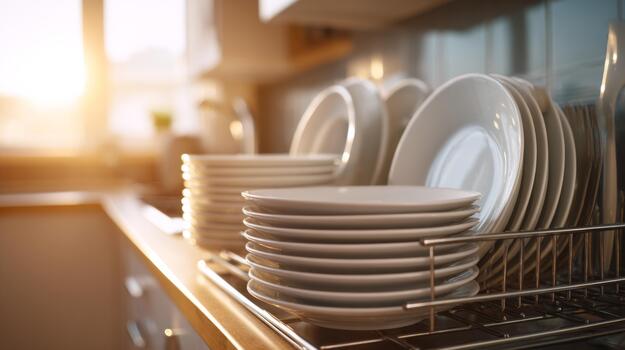 A beautiful stack of white plates drying in a sunlight-filled kitchen, showcasing a warm and inviting atmosphere. photo
