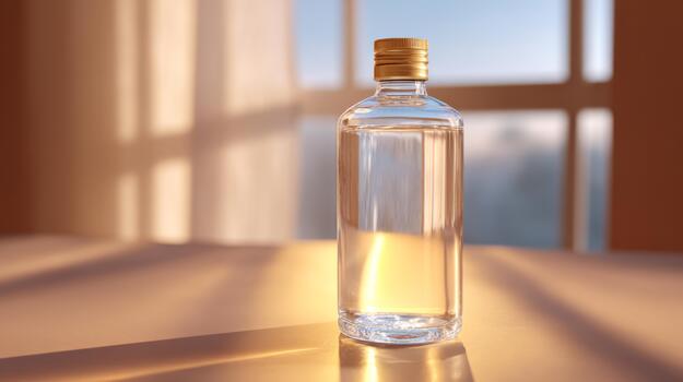 A glass bottle of water with a wooden cap sitting on a table, illuminated by warm sunlight streaming through a window. photo