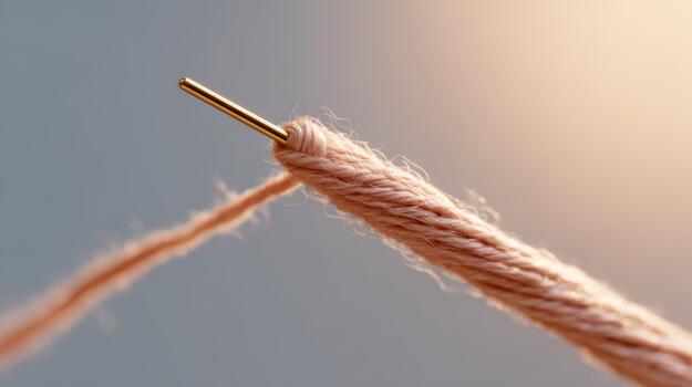 Close-up of a needle threading a soft peach-colored yarn, highlighting intricate details and textures of the materials. photo