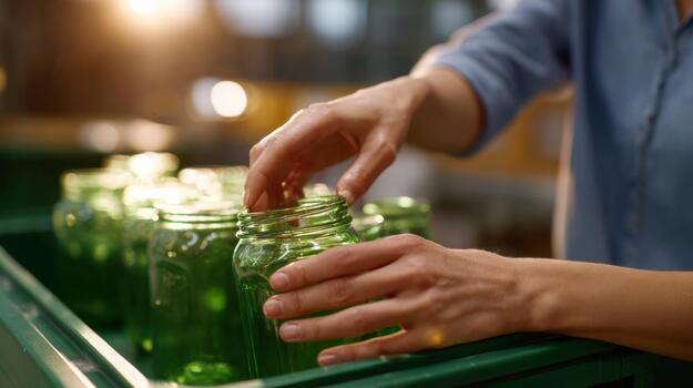 A close-up of a person placing green glass jars into a crate, showcasing precision and care in a vibrant workspace. photo