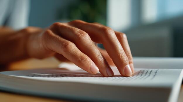 A close-up of a hand gently tracing text on the pages of a book, showcasing a moment of quiet concentration. photo