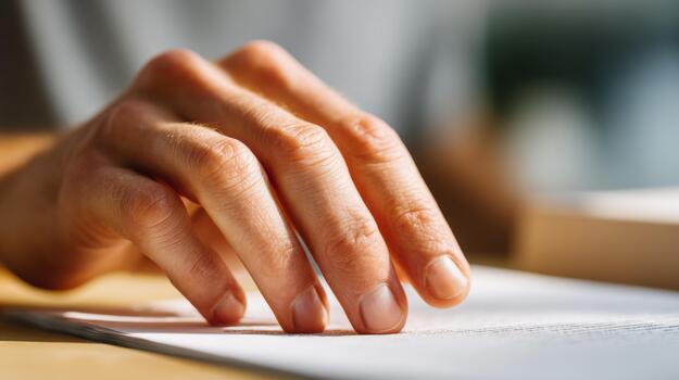 A close-up of a male hand gently tracing text on a page, showcasing focus and contemplation. photo