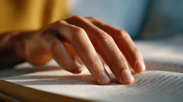 un de cerca de un mano suavemente rastreo el líneas de un abierto libro, evocando un sentido de calma y introspección. foto