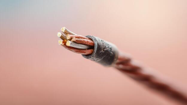 Close-up of a multi-stranded electrical wire, showcasing detailed copper strands and insulation. photo