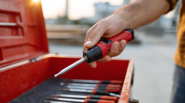A close-up of a hand holding a cordless screwdriver above a toolbox filled with tools, exuding a sense of craftsmanship. photo
