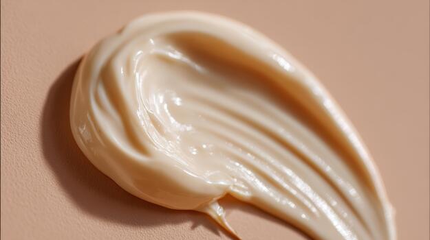 un cremoso beige Fundación muestra de tela en un suave, neutral fondo, exhibiendo sus suave textura y Capacidad de mezcla. foto