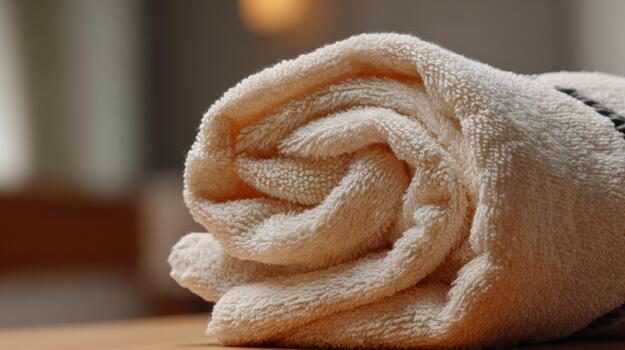 Close-up of a neatly rolled beige towel, resting on a warm wooden surface in a cozy, softly lit environment. photo