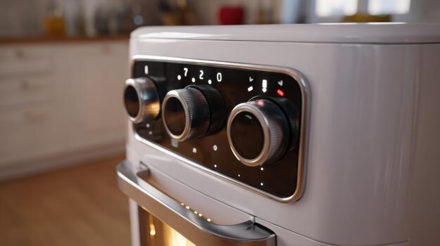 de cerca de moderno cocina horno control S con pulcro perillas y digital mostrar, conjunto en un acogedor hogar ambiente. foto