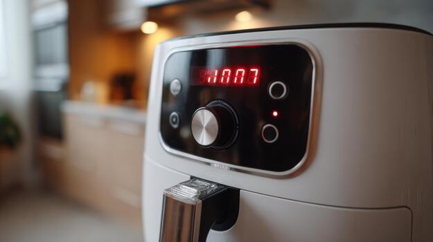 de cerca de un moderno aire freidora con digital monitor y pulcro diseño, destacando sus innovador Cocinando características. foto