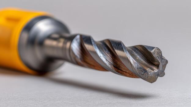 Close-up of a metal drill bit with a bright yellow handle, showcasing intricate details and craftsmanship. photo