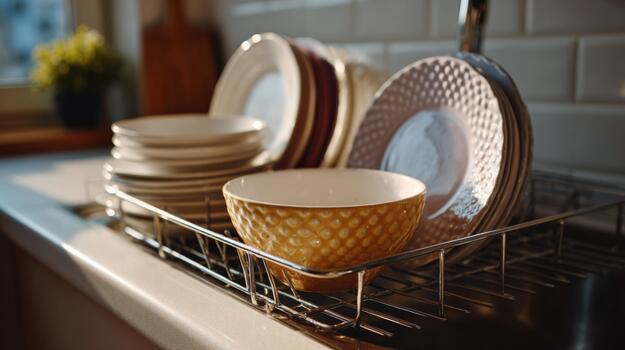 A stunning array of clean dishware, featuring elegant plates and a delicately designed bowl, basking in warm afternoon light. photo