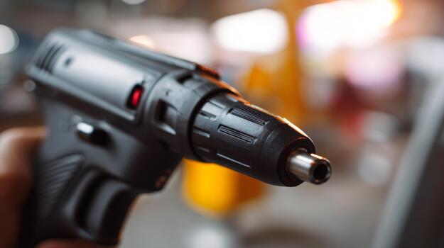 Close-up of a hand holding a black power tool, showcasing its nozzle and grip in a workshop setting. photo