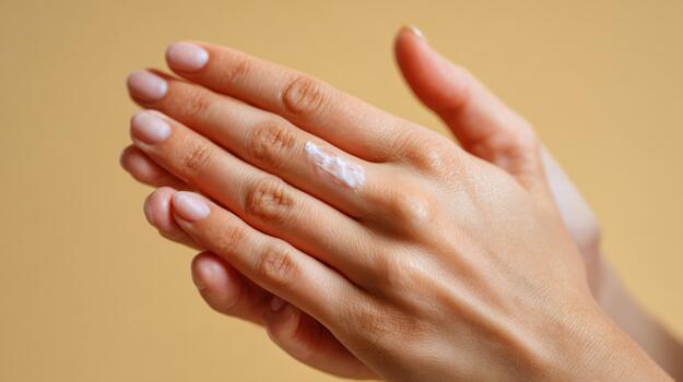 A close-up of delicate hands applying moisturizing cream against a soft yellow background. photo