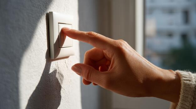 A close-up of a hand reaching to turn off a light switch, capturing the interplay of light and shadow. photo