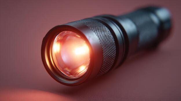 A close-up of a sleek, black flashlight emitting a warm orange glow against a textured background. photo