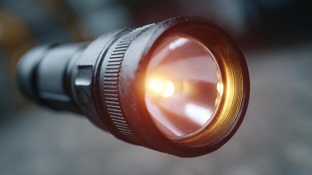 Close-up of a flashlight with a glowing LED bulb, showcasing its detailed texture and metallic finish. photo