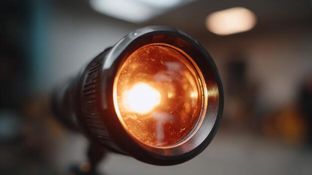 Close-up of a studio spotlight illuminating a warm glow, creating an artistic ambiance. photo