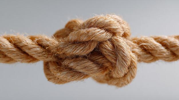 A close-up of a tightly knotted jute rope, showcasing intricate detail and texture in a neutral background. photo