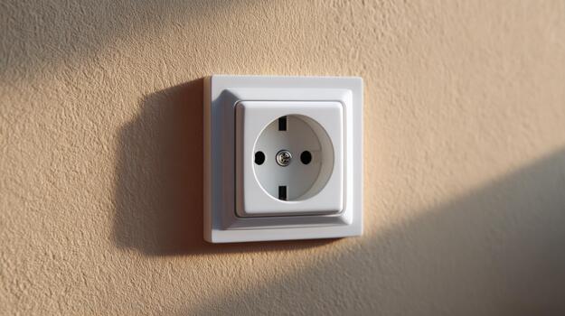 Close-up of a modern electrical outlet on a textured beige wall, highlighted by soft shadows. photo