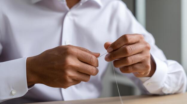 A male with a medium complexion carefully threading a needle, showcasing precision and focus in a well-lit setting. photo