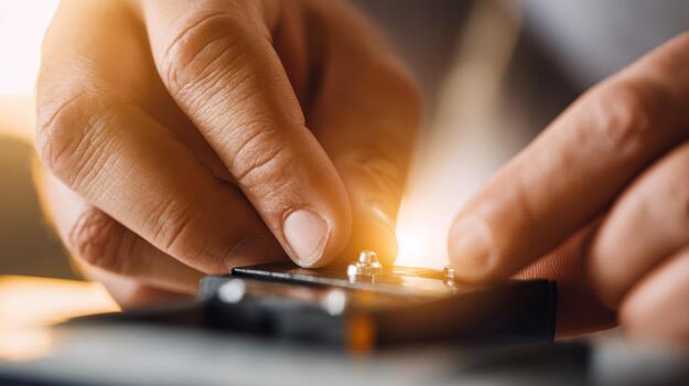 Close-up of skilled hands working meticulously with precision instruments in a warm, softly lit environment. photo