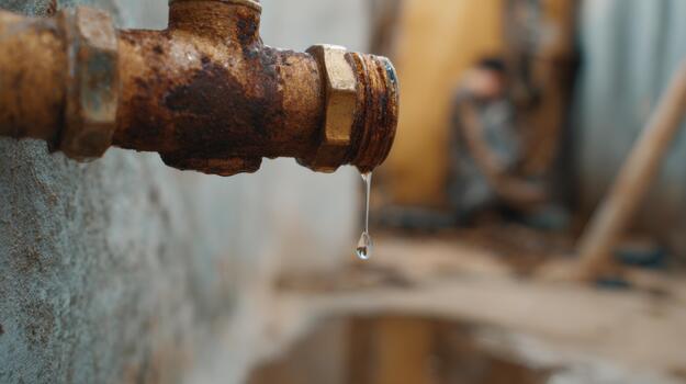 Close-up of a rusty pipe with a single drop of water, contrasting with an out-of-focus figure in the background, evoking a sense of abandonment. photo