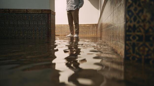 A man stands in a flooded hallway, reflecting on the water-filled floor and intricate tile design. photo