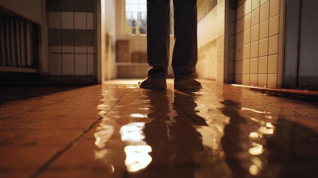 A person standing in water-covered tiled hallway, capturing the reflective mood of a damp environment. photo