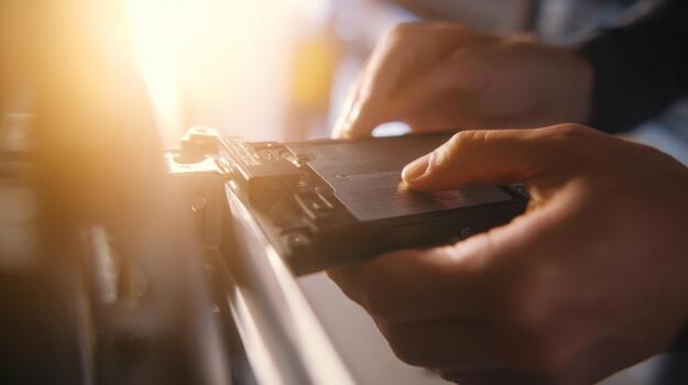 Close-up of a technician's hands adjusting a device under warm light, focusing on precision and detail. photo
