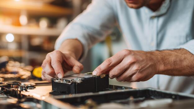 Close-up of a man's hands meticulously assembling a device at a workbench in a well-lit workshop. photo