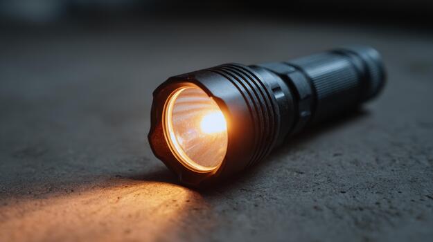 A sleek black flashlight emitting a warm glow, resting on a concrete surface in a dimly lit setting. photo
