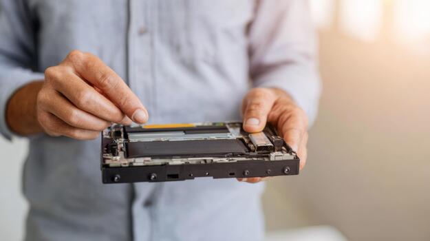 A male technician handling a disassembled hardware component with focus and precision, showcasing technical skill and attention to detail. photo